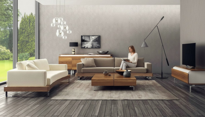 Modern dräisëtzegt Sofa Polsterkanapé Wunnzëmmergarnitur-Set Holzgestell