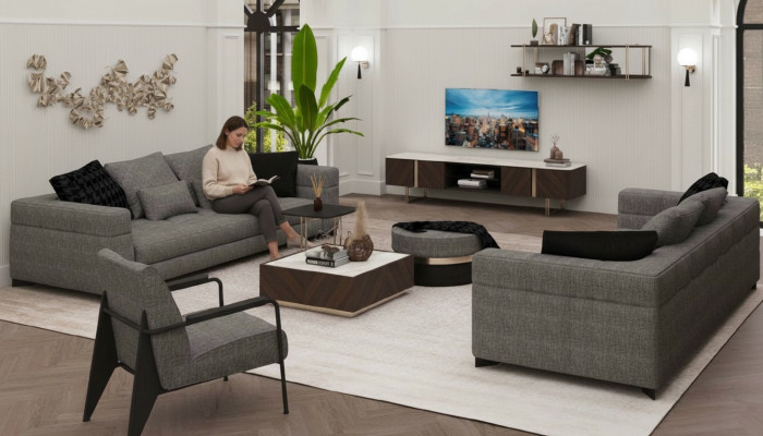Grou Wäischuchtzimmerset Dreesëtzer Zwësesëtzer Fauteuil Wäischuchtzimmerset Nei