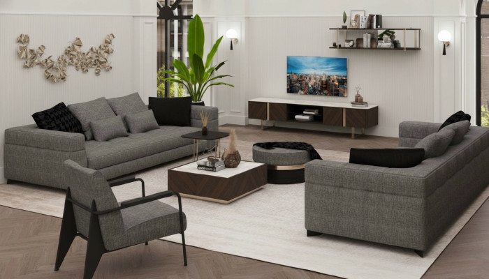 Grou Wäischuchtzimmerset Dreesëtzer Zwësesëtzer Fauteuil Wäischuchtzimmerset Nei