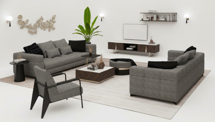 Grou Wäischuchtzimmerset Dreesëtzer Zwësesëtzer Fauteuil Wäischuchtzimmerset Nei
