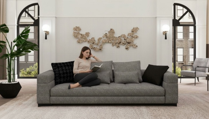 Gro Sofa mat dräi Sëtzer, Wunnzëmmer-Sëtzmiwwel, Holzgestell, Sofakollektioun