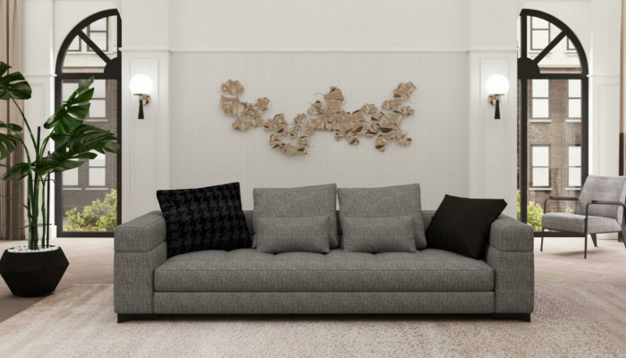 Gro Sofa mat dräi Sëtzer, Wunnzëmmer-Sëtzmiwwel, Holzgestell, Sofakollektioun