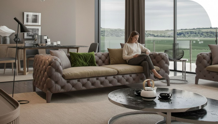 Taupe Chesterfield Dräisëtzer Luxus Modern Sofa Stil Wunnzëmmermiwwele