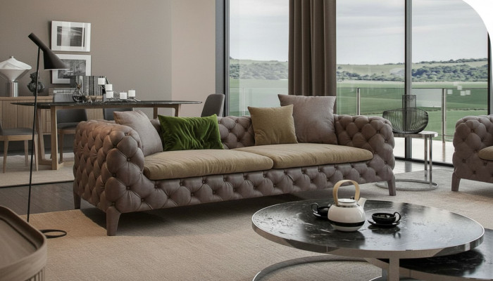 Taupe Chesterfield Dräisëtzer Luxus Modern Sofa Stil Wunnzëmmermiwwele