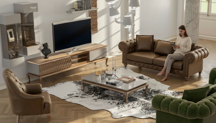 Braun Chesterfield Luxus Sofa Garnitur Moderner Dräisëtzer Sëtz Textil