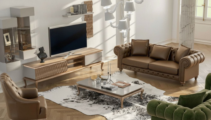 Braun Chesterfield Luxus Sofa Garnitur Moderner Dräisëtzer Sëtz Textil