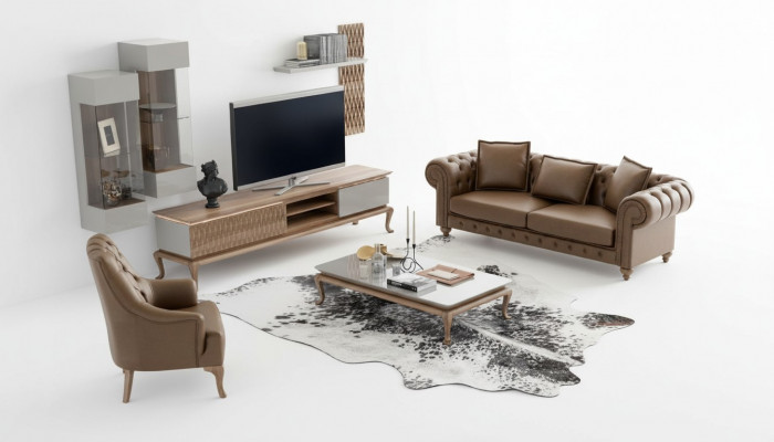 Braun Chesterfield Luxus Sofa Garnitur Moderner Dräisëtzer Sëtz Textil