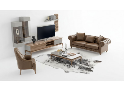 Braun Chesterfield Luxus Sofa Garnitur Moderner Dräisëtzer Sëtz Textil