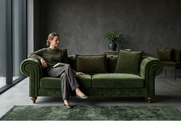 Grénge Chesterfield Textil Dräisëtzer Luxus Couche Wunnzëmmercouch Still