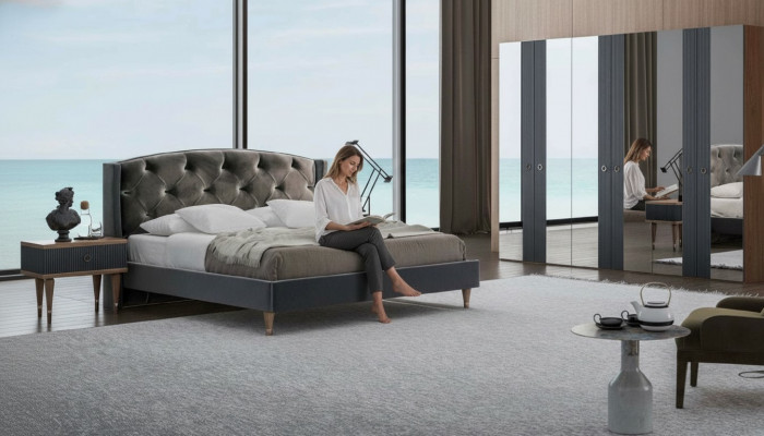 Modern Chesterfield Schlofkummer Set Designer Duebelbett Nuetsdëscher