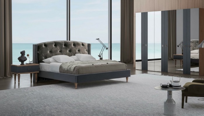 Modern Chesterfield Schlofkummer Set Designer Duebelbett Nuetsdëscher