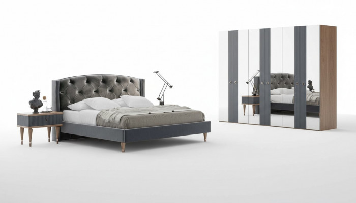 Modern Chesterfield Schlofkummer Set Designer Duebelbett Nuetsdëscher