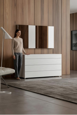 Wäiss Designer Luxus Kommode mat Spigel 4 Schëffer Holz Miwwelen Nei