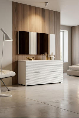 Wäiss Designer Luxus Kommode mat Spigel 4 Schëffer Holz Miwwelen Nei