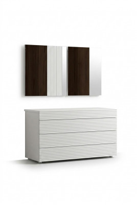 Wäiss Designer Luxus Kommode mat Spigel 4 Schëffer Holz Miwwelen Nei