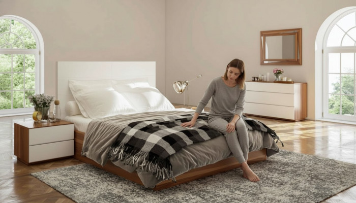 Wäiss-Brongt Schlofzëmmer Set Luxus Holzmibbelen Bett Nuetsdëscher Komoud.