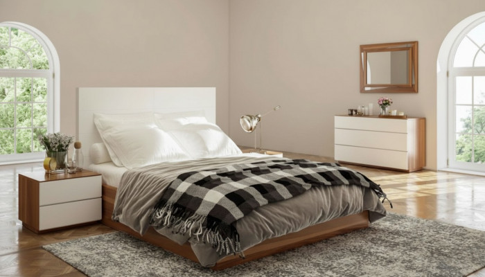 Wäiss-Brongt Schlofzëmmer Set Luxus Holzmibbelen Bett Nuetsdëscher Komoud.