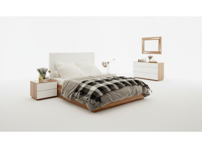 Wäiss-Brongt Schlofzëmmer Set Luxus Holzmibbelen Bett Nuetsdëscher Komoud.