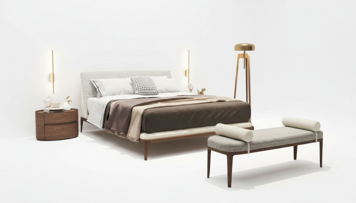 Braune Schlofkummer Garnitur Bettgestell 2x Nuetsdëscher Duebelbett 3-Stéck