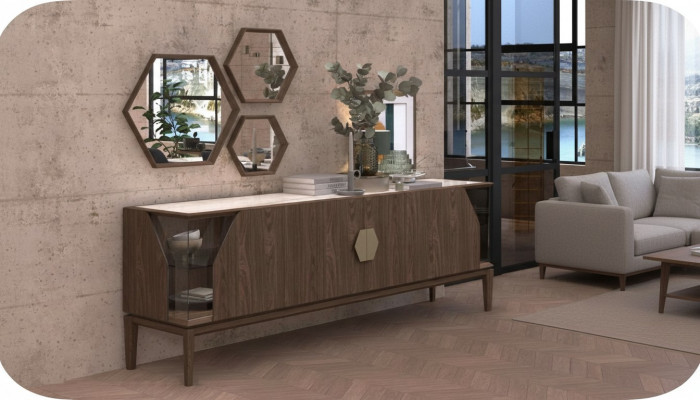Luxus brong Sideboard mat Glaselementer Späicherraum Iesszëmmermiwwel Holz