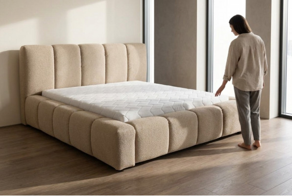Bett Grau Duebelbett Schlofzëmmer Holz Miwwelen Design Polster Stoff Nei