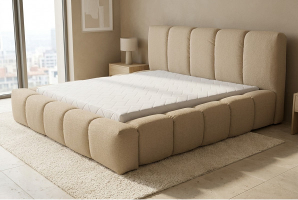 Bett Grau Duebelbett Schlofzëmmer Holz Miwwelen Design Polster Stoff Nei