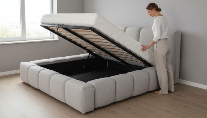 Bett gro Duebel Schlofkummer Luxus Design elegant Polsterung Stoff nei