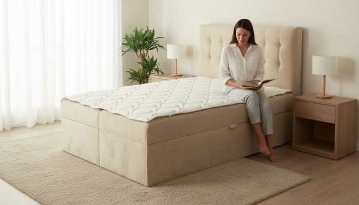 Chesterfield Bett beige Schlofkummer Holzmiwwelen Design elegant Polsterung Stoff.