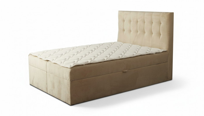 Chesterfield Bett beige Schlofkummer Holzmiwwelen Design elegant Polsterung Stoff.