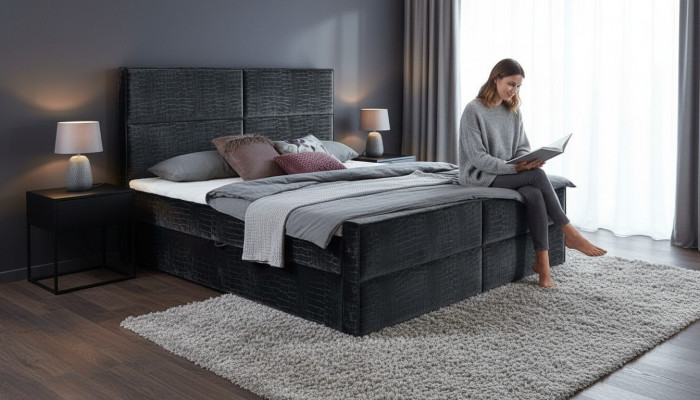 Schéck gro Schlofzëmmer Holzmöbel Design elegant Polsterung Stoff nei