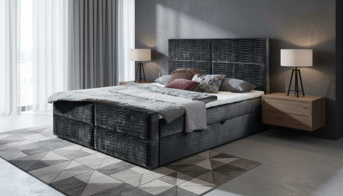 Schéck gro Schlofzëmmer Holzmöbel Design elegant Polsterung Stoff nei