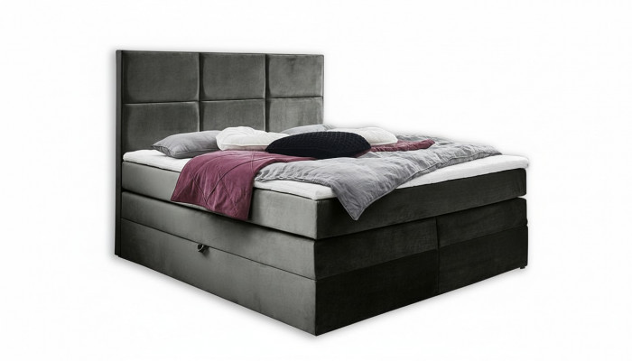 Grau schéinen Duebelschlofkummer Holzmiwwel Design elegant Polsterung Stoff