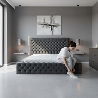 Chesterfield Grey Duebel Schlofzëmmer Holzmiwwel Design elegant Polsterung Stoff