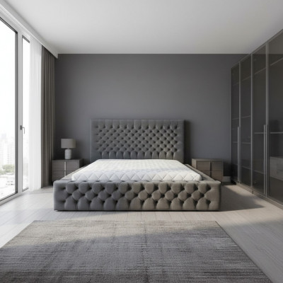 Chesterfield Grey Duebel Schlofzëmmer Holzmiwwel Design elegant Polsterung Stoff
