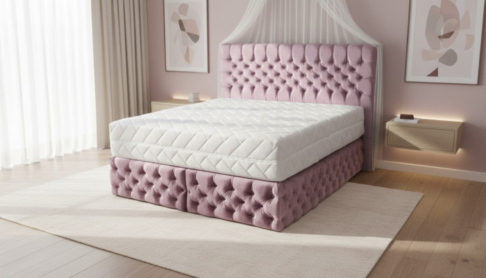 Chesterfield rosa Duebelzëmmer Holzmöbel Design elegant Polsterung Stoff-