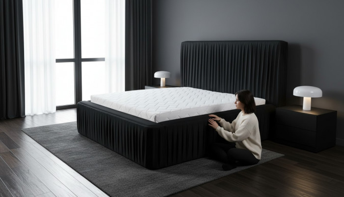 Schwaarz Duebel Schlofzëmmer Holzmieder Design elegant Stoff klassesch Miwwelen nei-