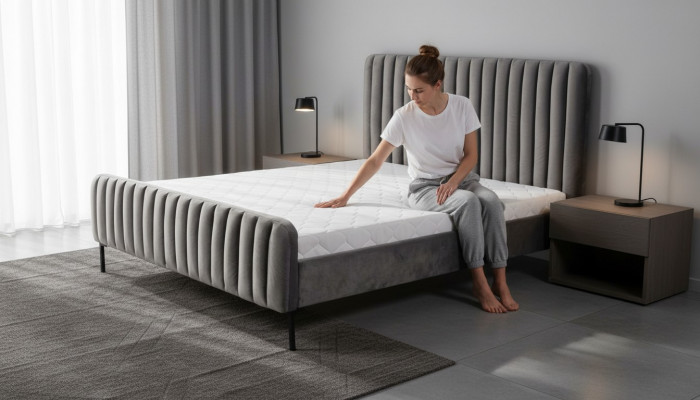 Grau duebelt Schlofzëmmer Holzmiwwelen Design elegant Stoff klassesch Miwwelen nei