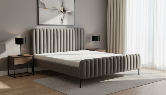 Grau duebelt Schlofzëmmer Holzmiwwelen Design elegant Stoff klassesch Miwwelen nei
