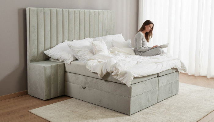 Modern Taupe-Doppelbett 2x Nuetsdëscher Schlofzëmmer Boxspringbett