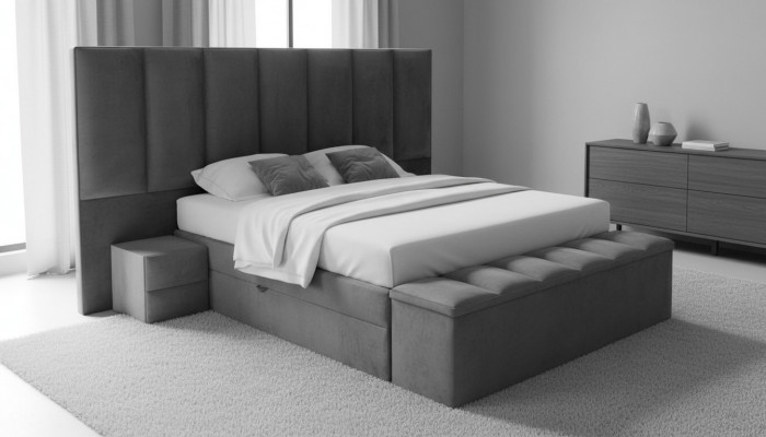 Grousbett a Faarf Gro+2x Nospilldëscher klassesch Schlofzëmmermiwwel Design elegant