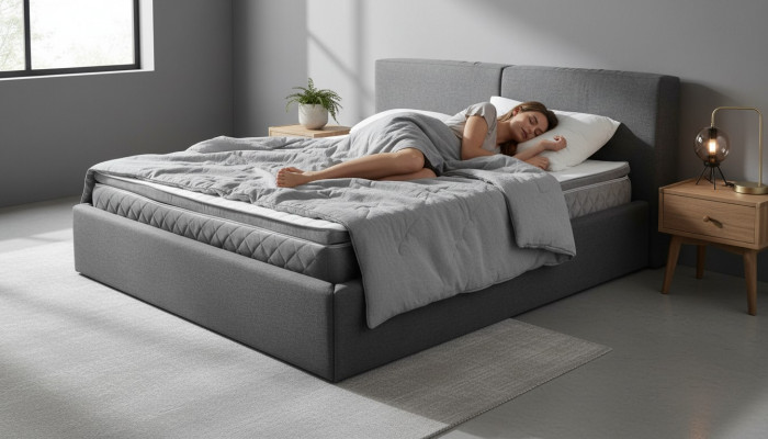 Grou Bett mat Duebelsstall Fir Këssen Bettkëscht Design Elegant Stoffbett