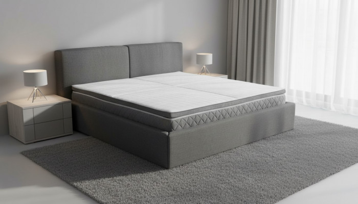 Grou Bett mat Duebelsstall Fir Këssen Bettkëscht Design Elegant Stoffbett