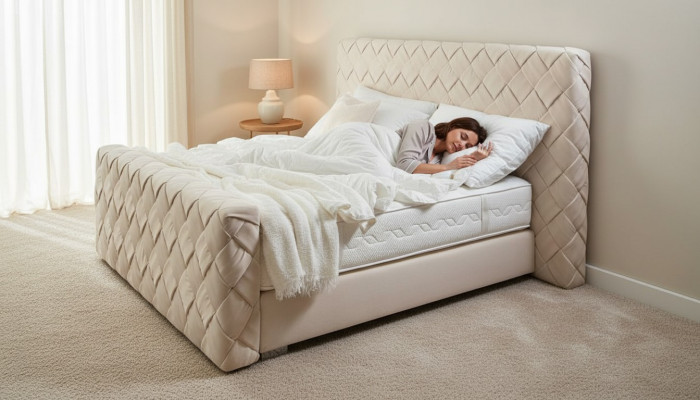 Duebelt Bett a Beige Modern Schlofkummer Miwwelen Luxus Stilvoll Stoffbett