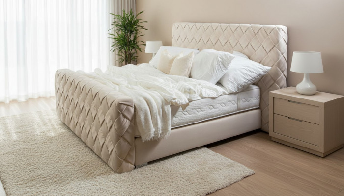 Duebelt Bett a Beige Modern Schlofkummer Miwwelen Luxus Stilvoll Stoffbett