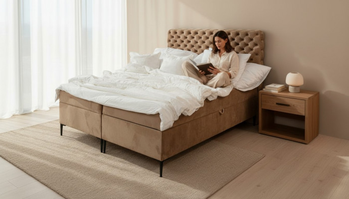 Brongen Chesterfield Duebelbett Luxus Boxsprangbett Schlofzëmmer Better