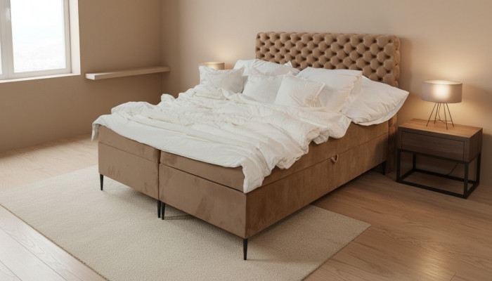 Brongen Chesterfield Duebelbett Luxus Boxsprangbett Schlofzëmmer Better