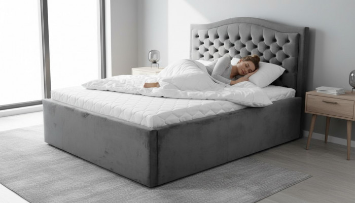 Groue Chesterfield-Bett Klassesch Schlofzëmmer-Miwweldesign Elegant Stof