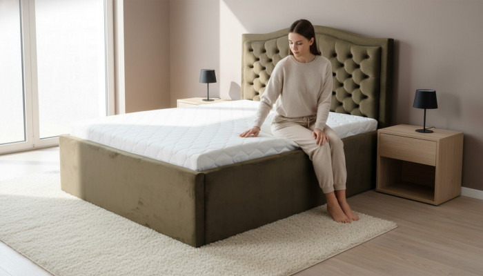 Grénge Chesterfield Bett Klassesch Schlofzëmmermiwwel Design Elegante Stoff.