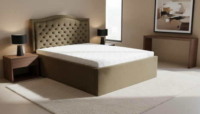 Grénge Chesterfield Bett Klassesch Schlofzëmmermiwwel Design Elegante Stoff.
