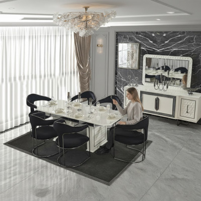 Modern Iesszëmmer Set Wäissen Iessdësch 6 Still wäissen Sideboard Spigel nei